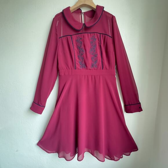 Modcloth NWT Burgundy Pretty Performative Embroider Dress Long Sleeve Retro Sz L - Picture 14 of 14